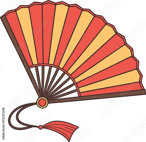 Obraz Vibrant Hand Fan with Red Orange and Yellow Segments on White Background  Stylized Symmetrical Design with Wooden Ribs and Tassel