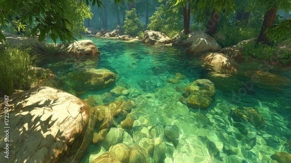 Fototapeta Serene river flowing through a lush forest.
