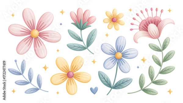 Fototapeta Whimsical watercolor flowers and twigs collection for enchanting designs isolated on transparent background