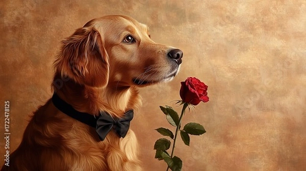 Fototapeta Gentle Golden Retriever with Black Bow Tie and Red Rose in Warm Scene: Ideal for Pet Theme Design and Romantic Holiday Materials