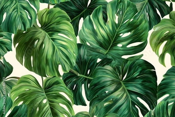 Fototapeta A dense arrangement of vibrant green monstera leaves against a bright background creating a lush pattern