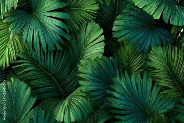 Fototapeta A dense arrangement of vibrant green palm leaves filling the frame with a tropical aesthetic view