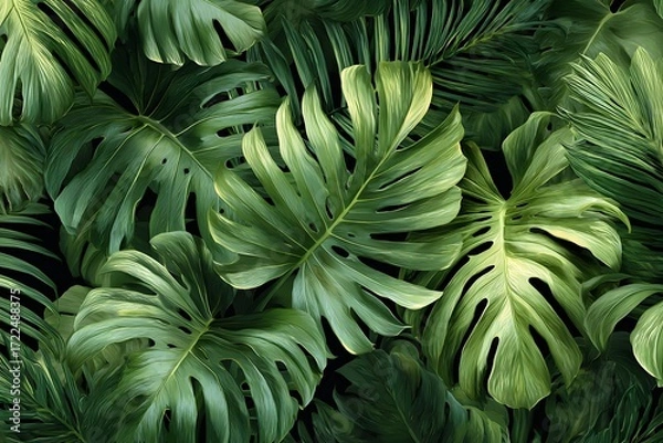 Fototapeta A dense arrangement of monstera and palm leaves creating a lush tropical foliage background