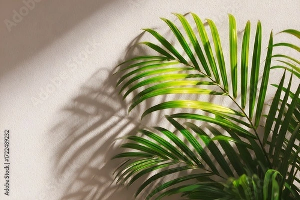 Fototapeta Green palm fronds casting shadows against a white wall creating a tropical and minimalist aesthetic look