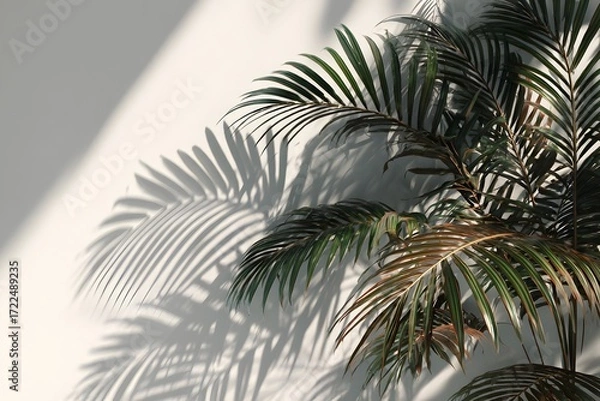 Fototapeta A palm plant casting shadows on a white wall creating a minimalist and serene indoor environment