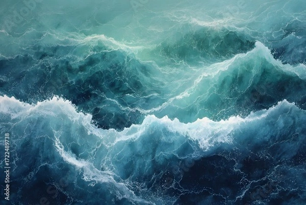 Fototapeta Aerial view of ocean waves with turquoise and blue water creating a dynamic sea landscape scene
