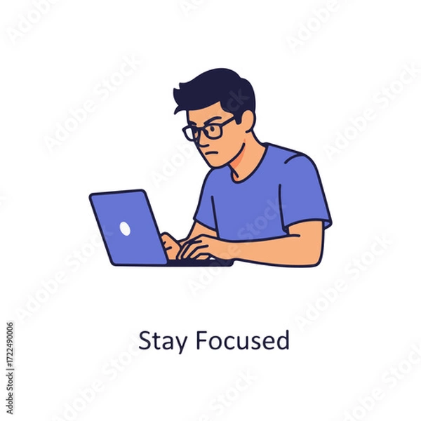 Fototapeta Flat vector 2D icon — Flat Vector 2D Design of Man with Glasses on Laptop Icon — Stay Focused