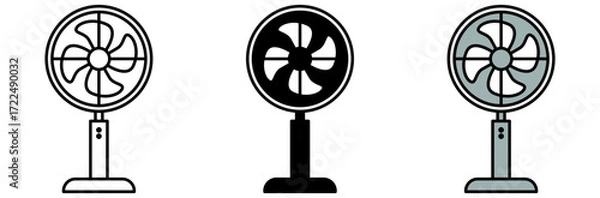 Obraz Three illustrations of an electric fan with different styles: black, white outline, and grey color fan