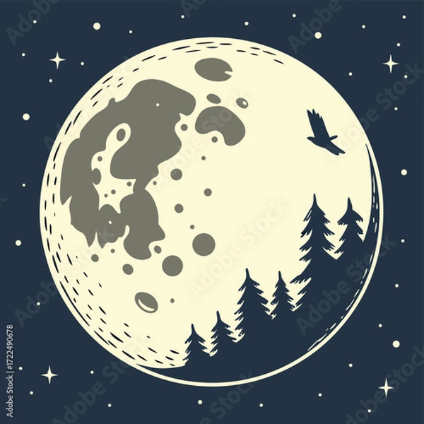 Obraz Stylized Crescent Moon with White Dots on Black Background Minimalist Night Sky Illustration with Celestial Details