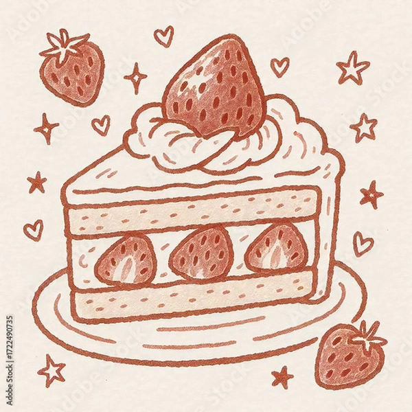Obraz 苺のショートケーキのかわいい手描き風イラスト。甘いスイーツやデザート、カフェメニュー、ポップなデザインに最適