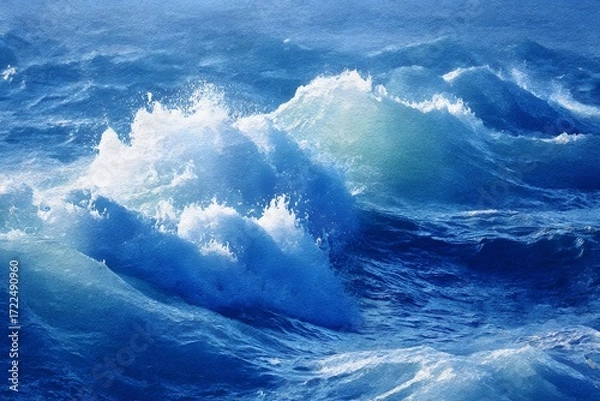 Fototapeta A close up view of ocean waves crashing with white foam and deep blue water during a windy day