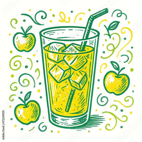 Obraz リンゴジュースのかわいい手描き風イラスト。爽やかでフルーティーな飲み物のデザイン素材として、カフェメニューやポスター、広告などに最適