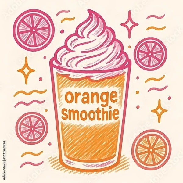 Obraz オレンジスムージーのベクターイラスト。テイクアウトカップに入ったフルーツドリンクで、カフェメニューやヘルシーフードのデザインに使いやすいかわいいスタイル