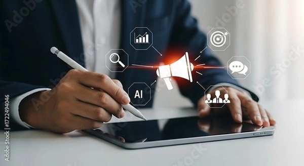 Obraz A Digital Marketing and Advertising with AI Technology and Megaphone Icon