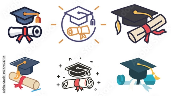 Fototapeta Icon of a graduation cap and rolled diploma with tie, academic achievement and education vector illustration