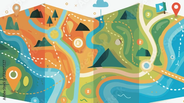 Fototapeta Stylized folded map with dotted path, generic travel or adventure illustration, navigation and journey concept design
