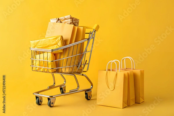 Fototapeta Shopping Cart Laden with Bags: A vibrant display of shopping bags spills from a sunny yellow shopping cart, emphasizing the joy of retail therapy and the thrill of purchases.