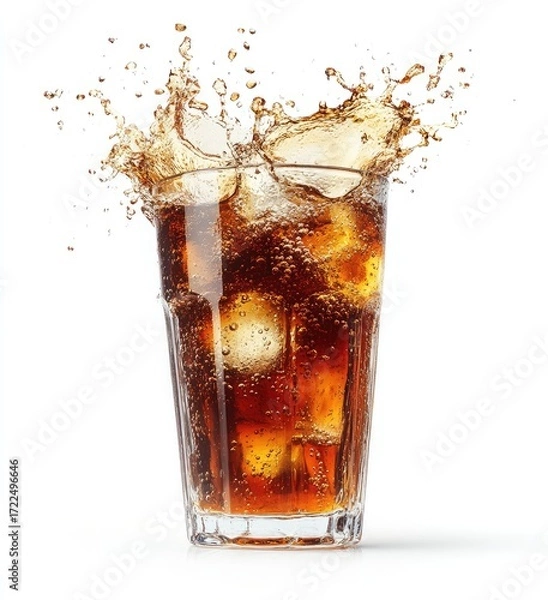 Fototapeta Soda glass with splashing drink and ice