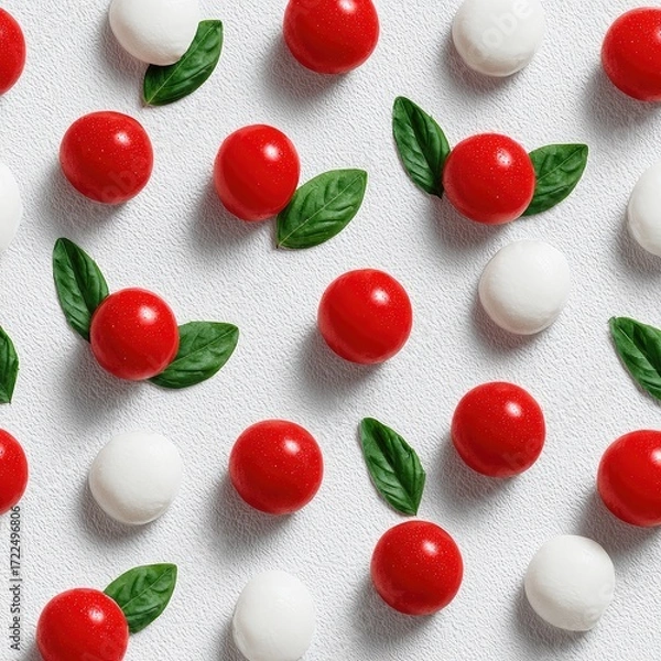 Fototapeta Red and white round candies, green leaves, repeating pattern on white