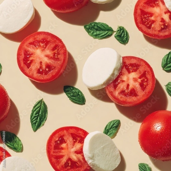 Fototapeta Fresh tomato and mozzarella slices, basil