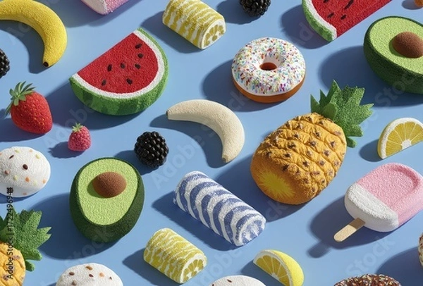 Fototapeta Colorful fruit and pastry pattern on a blue background