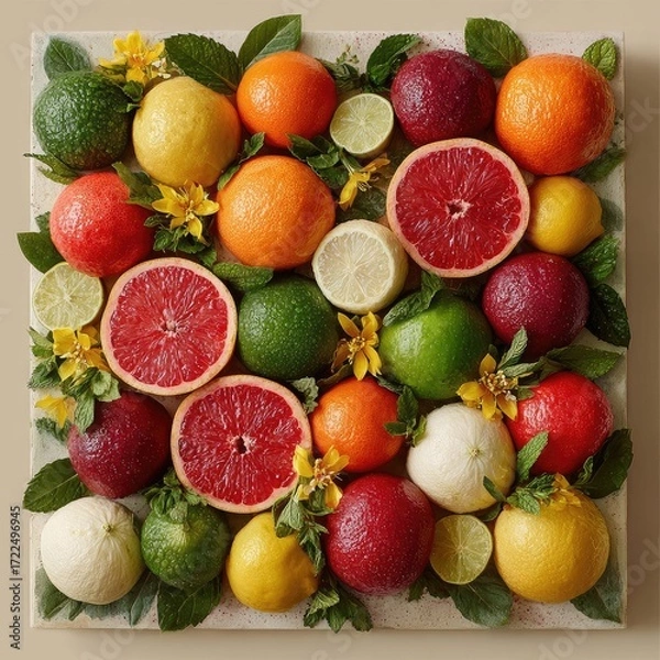 Fototapeta Vibrant citrus assortment arranged artfully on a light beige surface