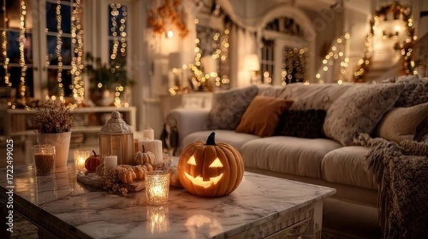 Obraz Front view of Halloween celebration in a warmly lit room with white marble table decorated with Halloween ornaments, sofa in the background, colored lights on the wall, cozy festive interior design
