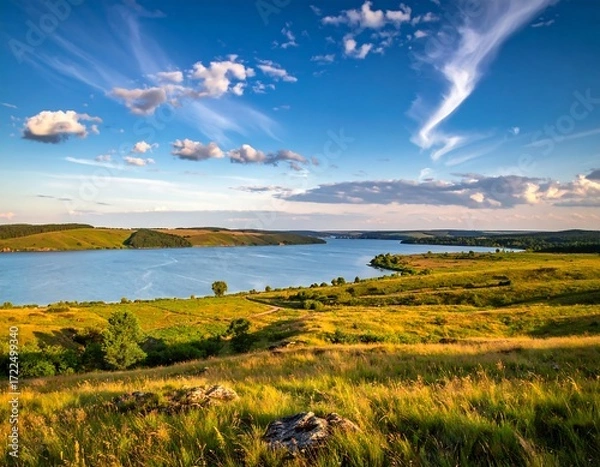 Fototapeta Panoramic landscape view of a serene lake at sunset