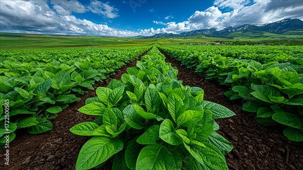 Fototapeta View of Vast Soybean Farm under Blue Sky.