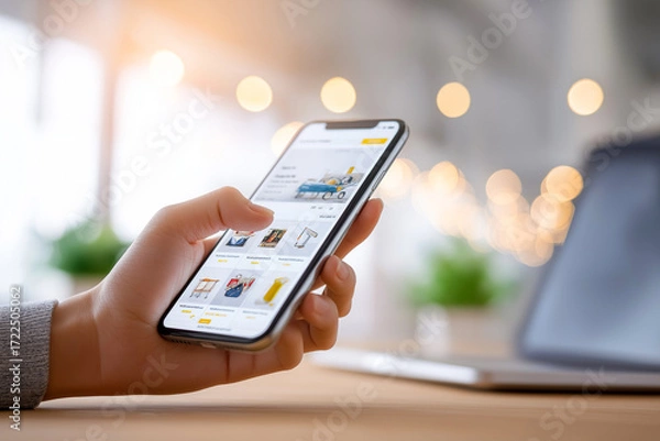 Fototapeta スマートフォンでのネットショッピングとオンラインストア利用