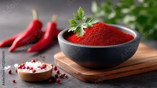 Obraz Red Paprika Powder in Black Bowl on Wooden Board with Red Chilies and Spices Dramatic Lighting