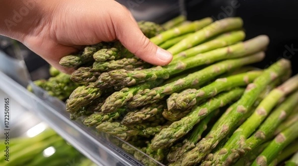Fototapeta Fresh Green Asparagus Being Selected from a Display in a Grocery Store or Market for Healthy Cooking Options