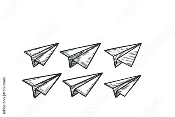 Fototapeta Six hand-drawn paper airplanes in a row. Vector hand drawn illustration