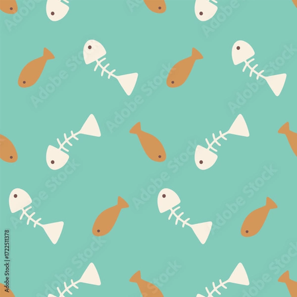 Fototapeta Playful turquoise seamless fish bone pattern