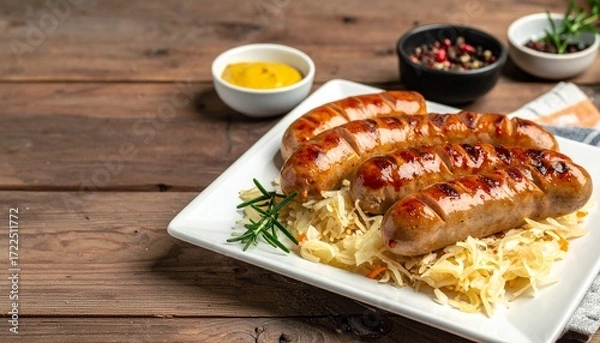 Fototapeta German bratwurst, knockwurst sausages served with  mustard,