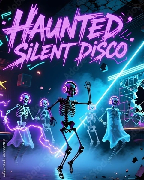 Fototapeta Neon Silent Disco Halloween Party with Dancing Skeletons