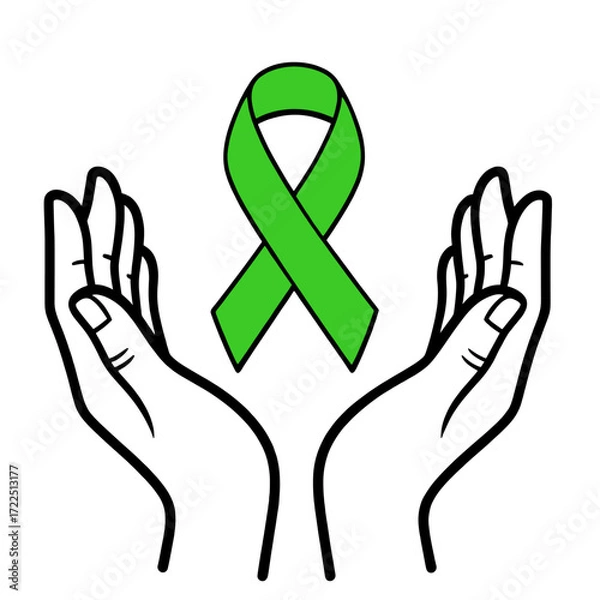 Obraz Green ribbon awareness symbol with hands vector illustration for mental health awareness isolated on white background