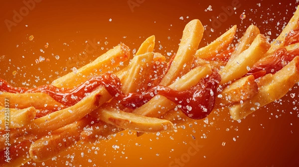 Fototapeta Crispy golden fries splashing in ketchup on an orange background, expressing fast food delight.
