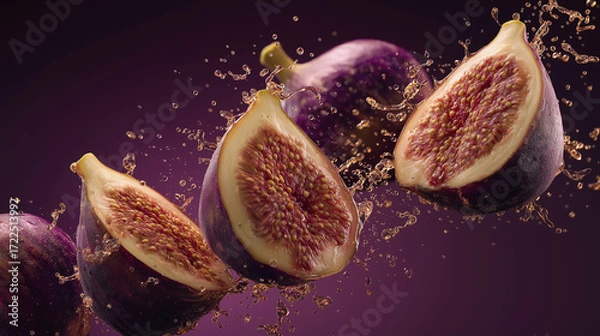 Fototapeta Fresh figs bursting open mid-air with seeds and juice, representing rich texture and flavor.