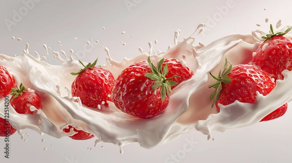 Fototapeta Juicy strawberries falling into milk splash, symbolizing flavor, sweetness, and freshness.