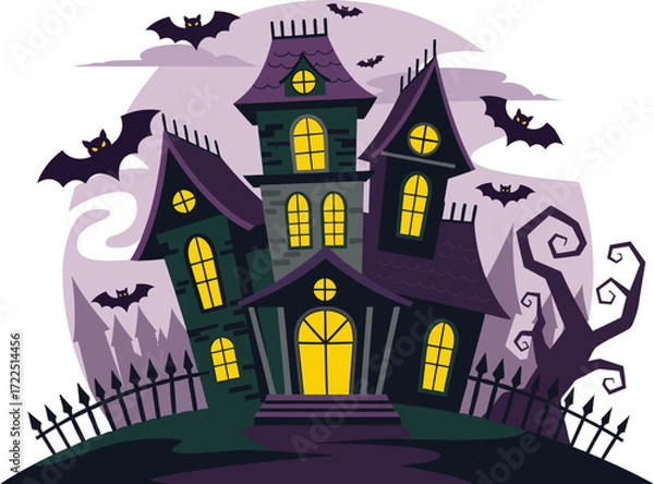 Fototapeta Haunted house on hill with bats and crescent moon