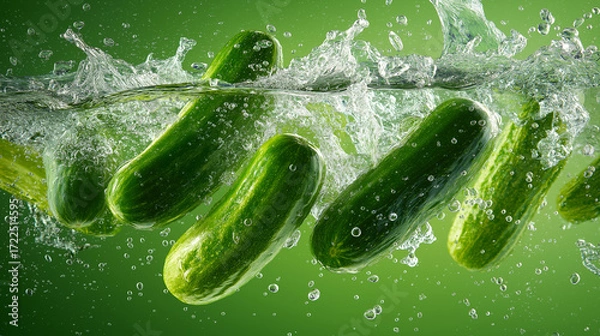 Fototapeta Cucumbers splashing into clear water on green background