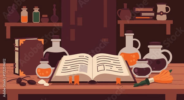 Fototapeta Cozy witchcraft table scene in flat style