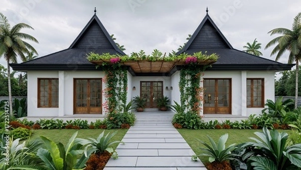 Fototapeta  a digital architectural rendering showcasing a modern, single-story house with a tropical design. 