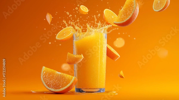 Fototapeta Refreshing orange juice splash with slices on orange background