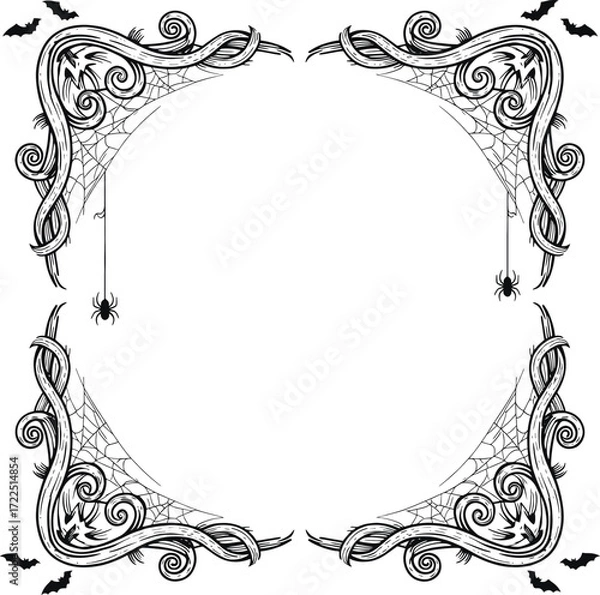 Fototapeta Gothic spiderweb filigree frame with bats and copy space