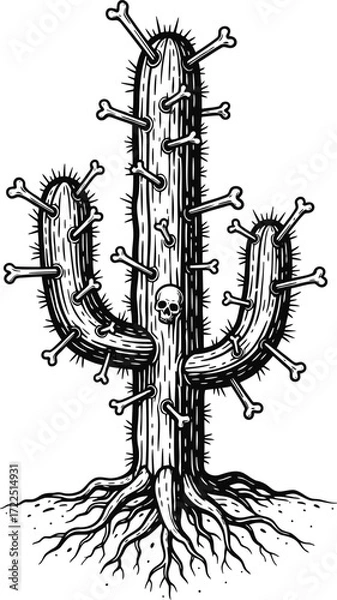 Fototapeta Thorny saguaro cactus with exposed roots and skull motif