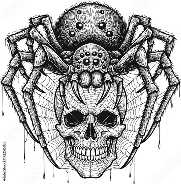 Fototapeta Spider clutching skull with dripping threads