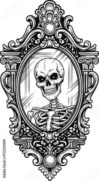 Fototapeta Baroque mirror with miniature skeleton portrait