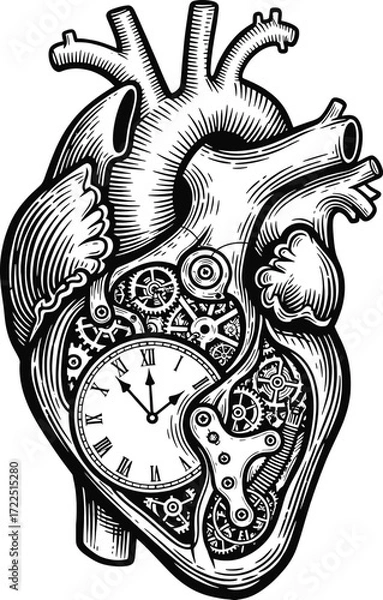 Fototapeta Mechanical heart with gears and pocket watch window